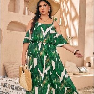 Shein Curve, Amazing Green-Leaf Maxi Dress, Stunning! Size 3XL